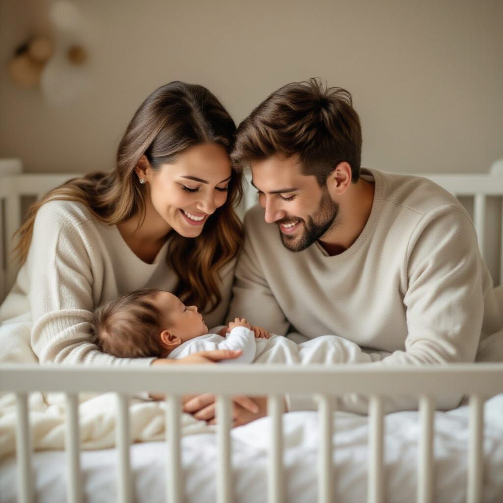 Tired but Smiling Parents Admire Sleeping Baby in Crib
