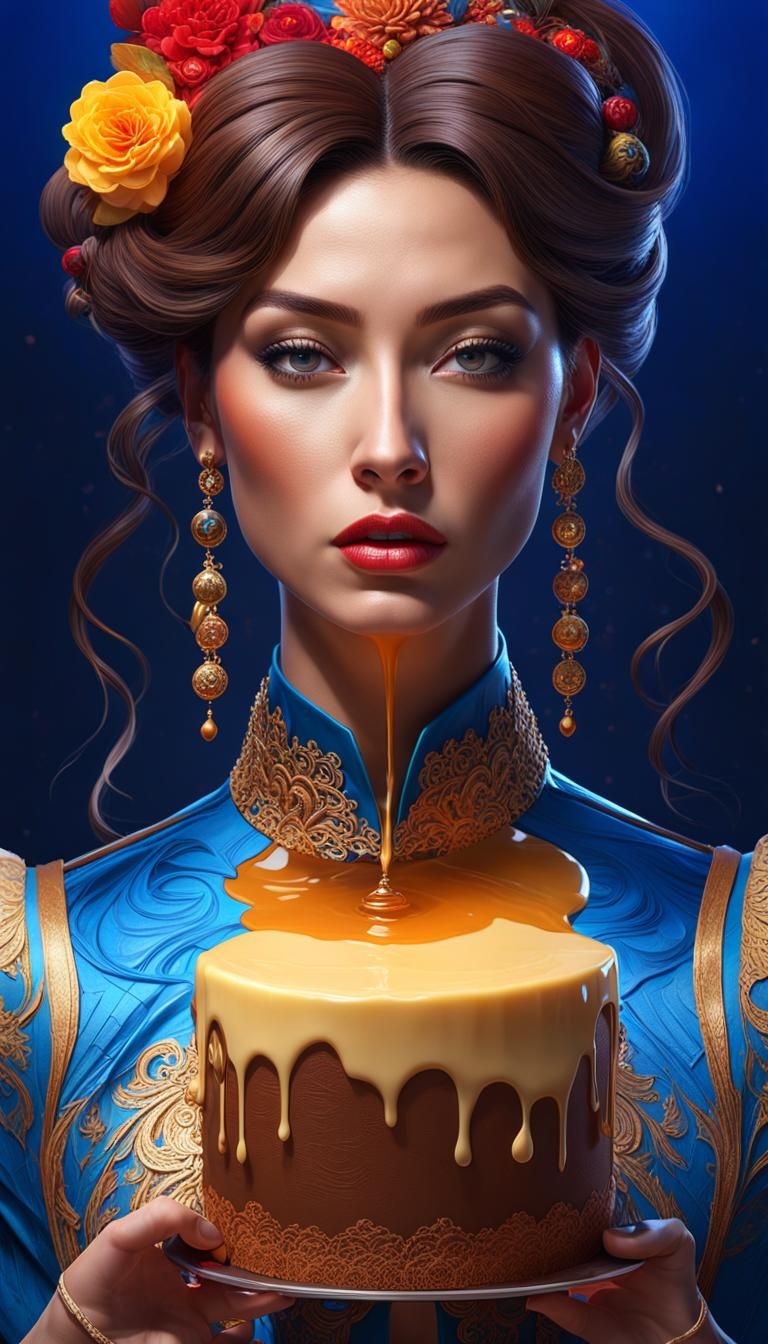 Abstract  Illusion of  Creme choco honey-milk cheese cake,   juice  dripping ,  blue-red lace  fragile beauty , strow