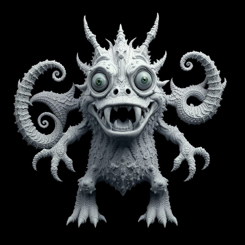 whimsical creature stands in a dramatic pose