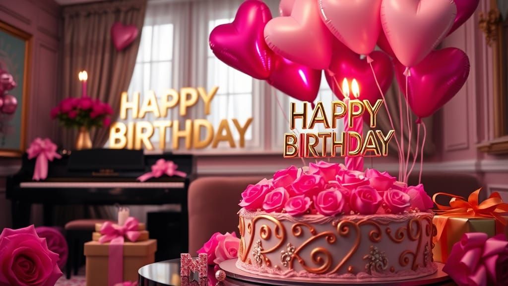 Elegant Birthday Scene with 3D Balloons and Gold Cursive