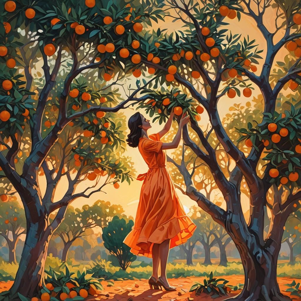 Woman Picking Oranges in Fauvist Style Sunset