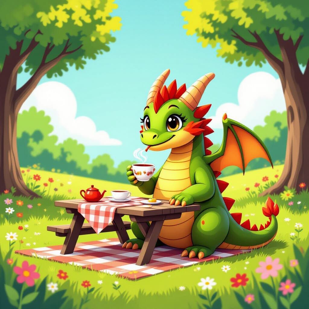 Dragon's Delightful Tea Party in a Sunny Meadow