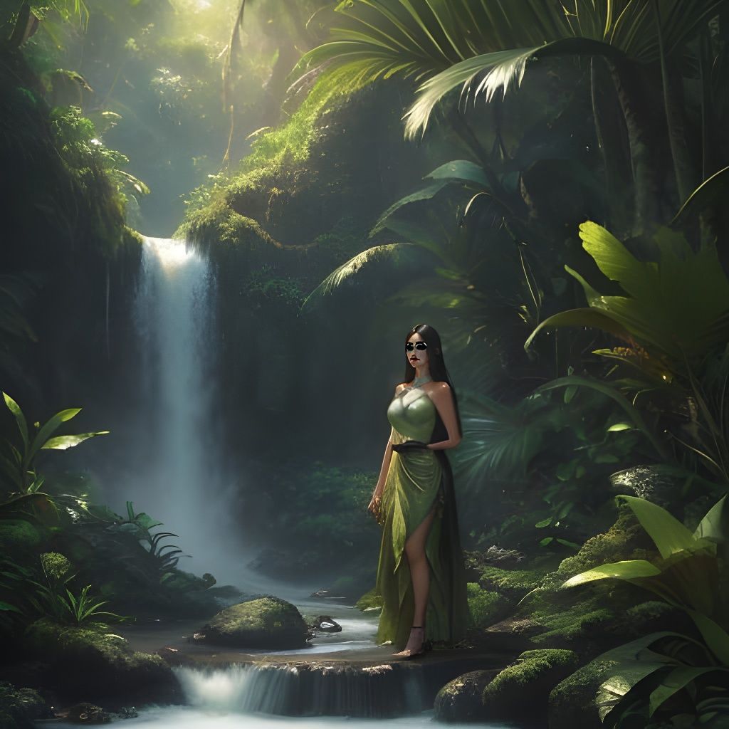 Woman by Waterfall in Remote Jungle