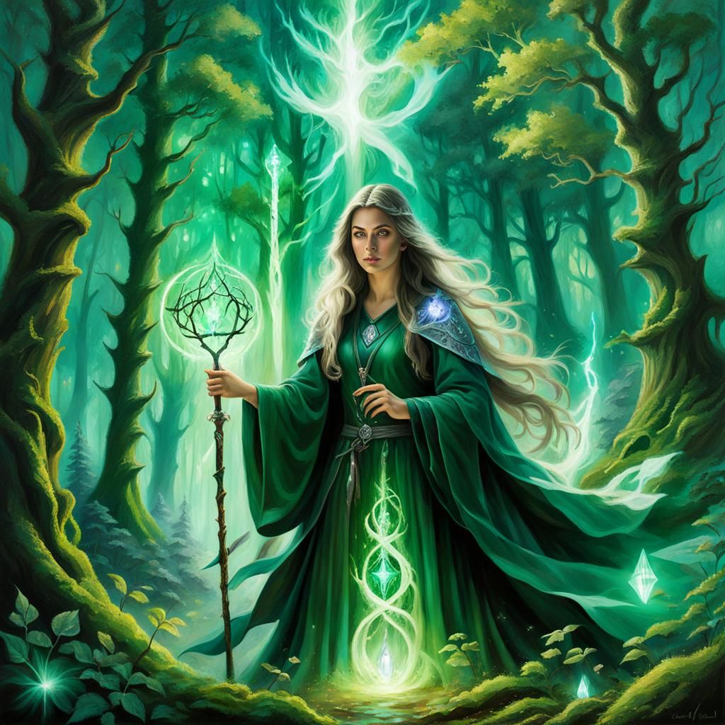 Enchanting Forest Sorceress with Ethereal Light