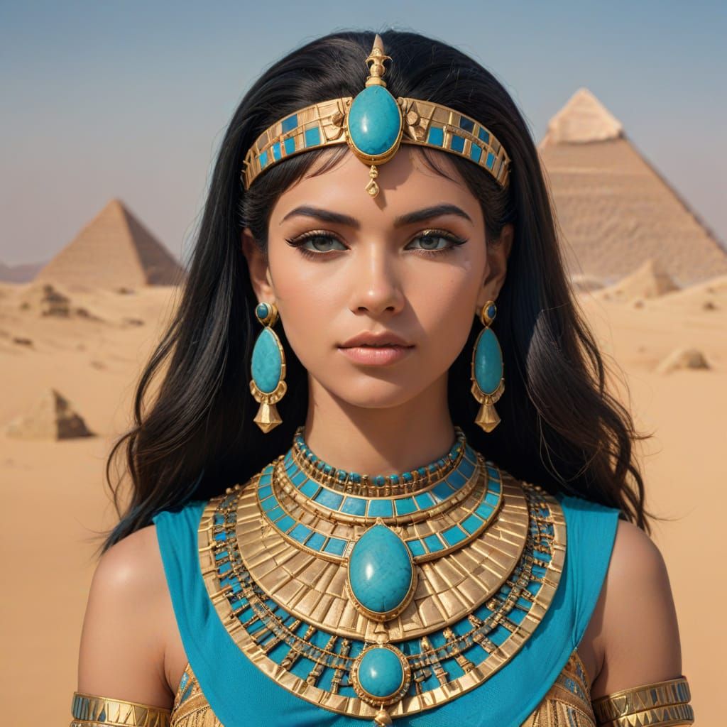 Queen Cleopatra with Turquoise Necklace in Desert