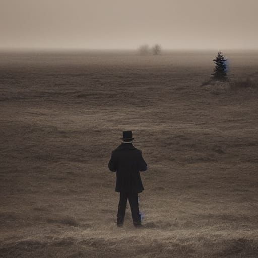 Melancholic Figure in a Desolate Grey Landscape