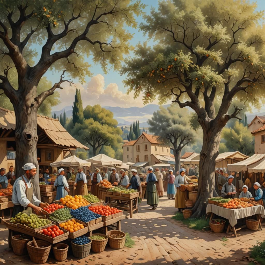 Naive Art Painting of a Market with Olive Trees
