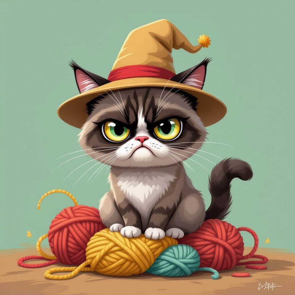 Grumpy Cat in Tiny Hat on Yarn Pile Caricature