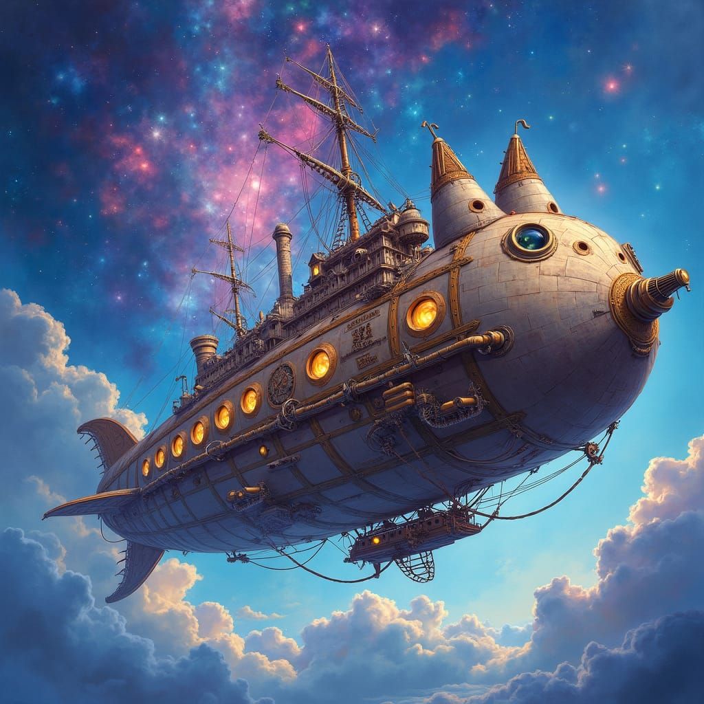 Steampunk Cat Airship Soaring Through Nebula