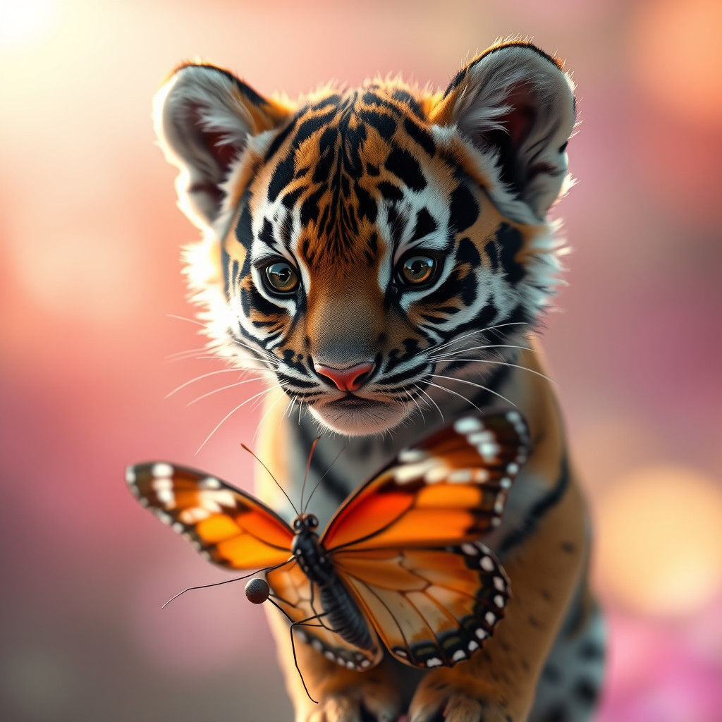 Tiger Cub on Butterfly: Hyperrealistic 3D Render
