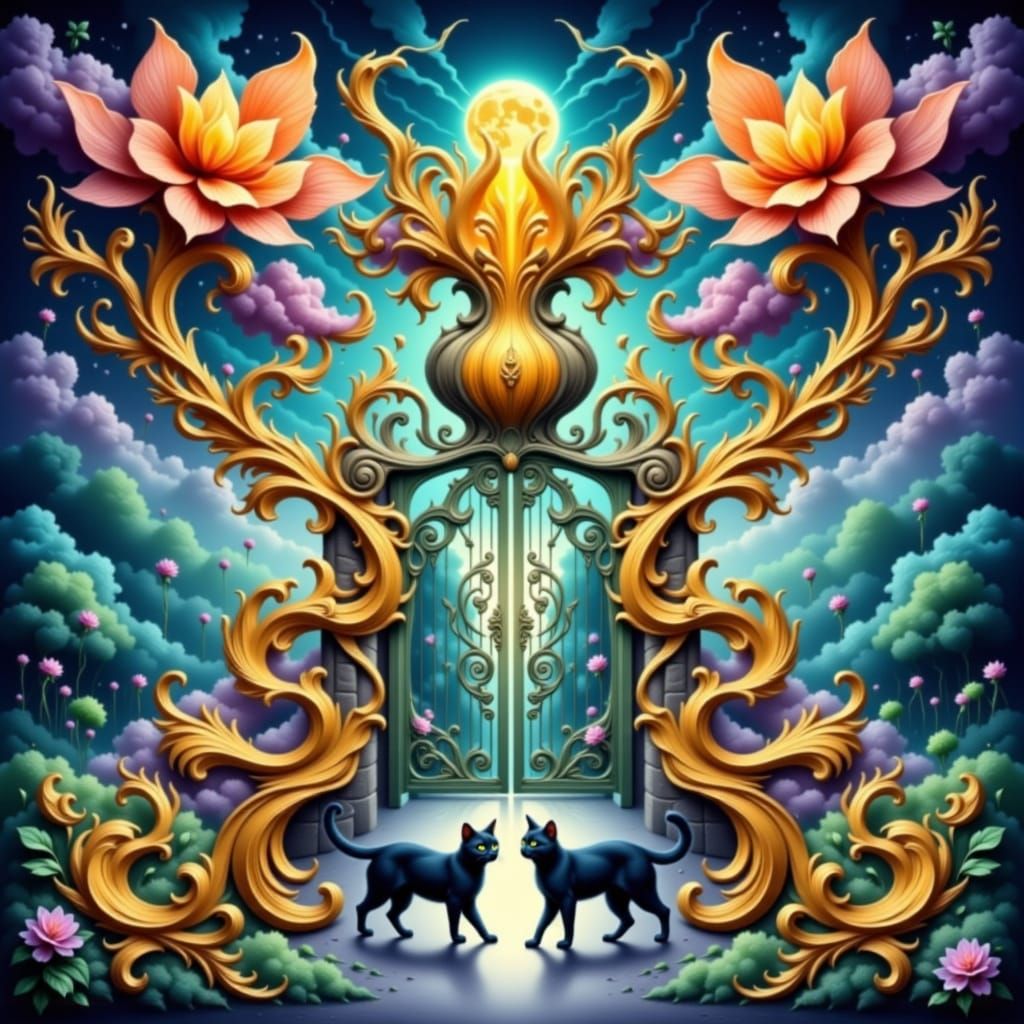 Black Cat Under Ornate Gate in Moonlit Garden