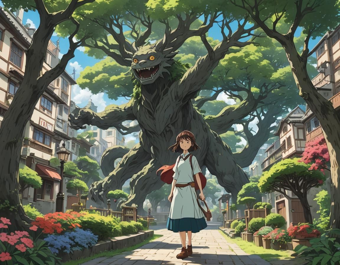 Ghibli-Inspired Girl, Monster, and Magic Forest