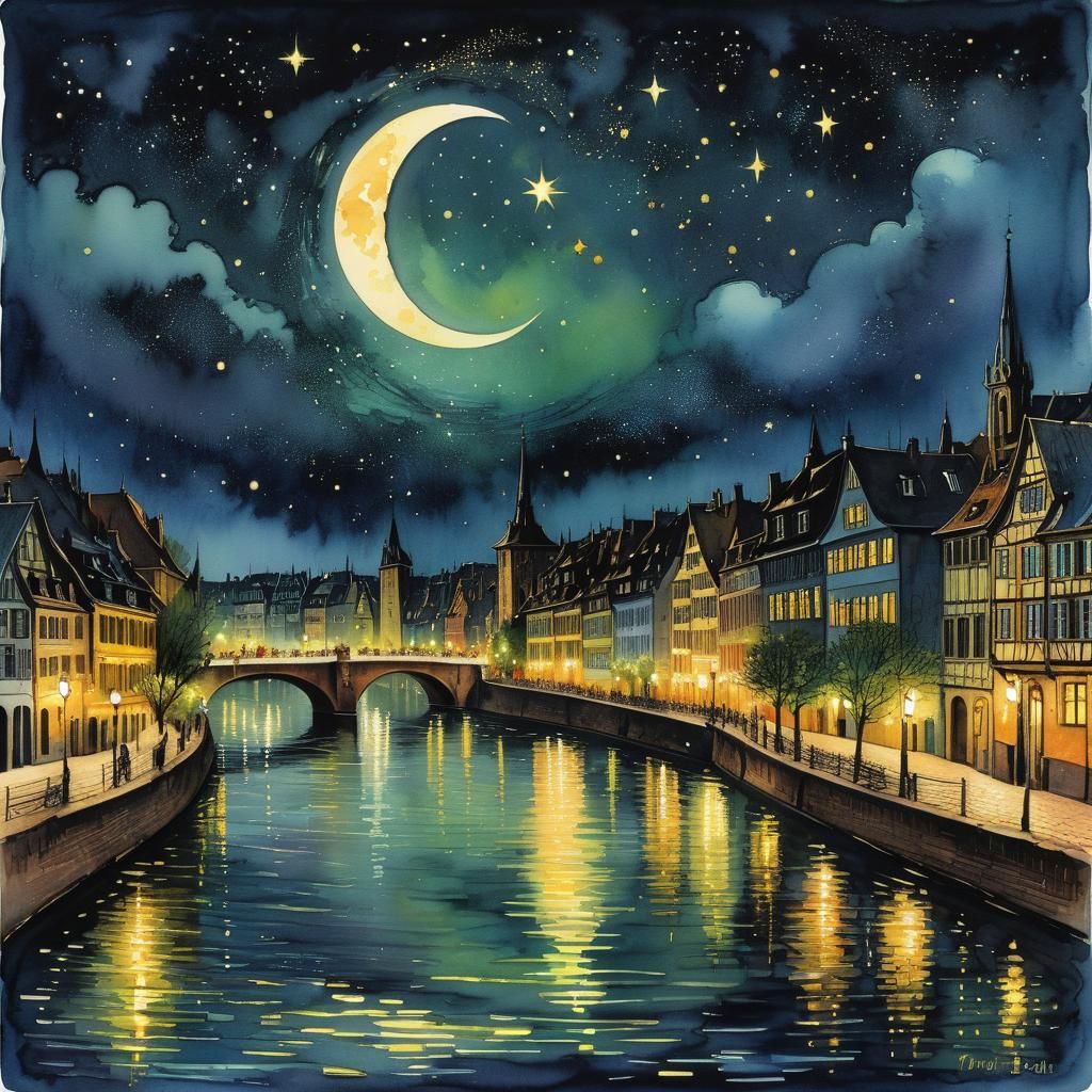 Strasbourg on the Rhine River: Watercolor Night