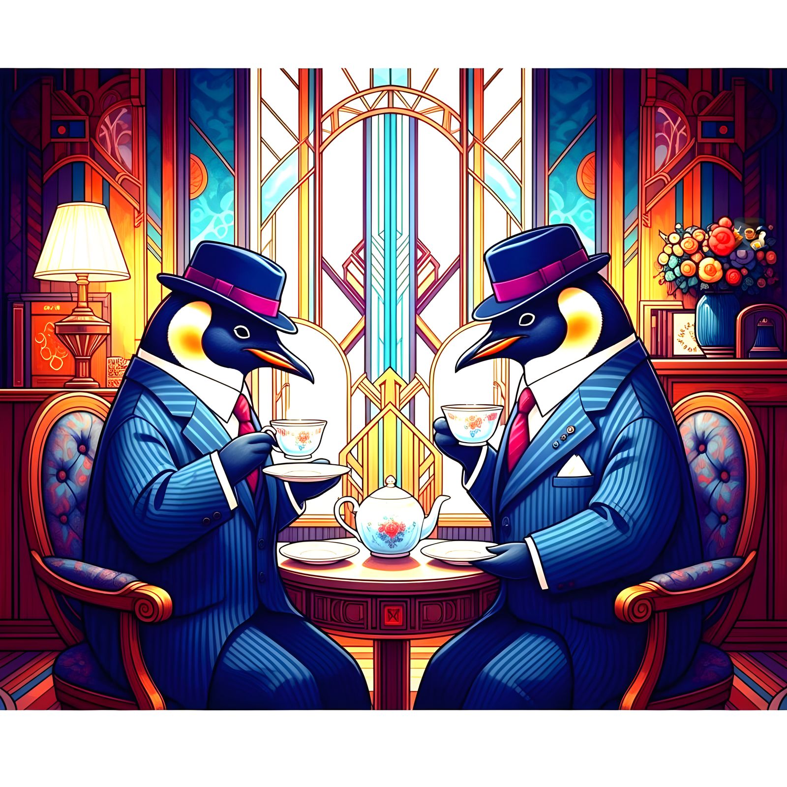 Penguin Tea Party in Cubist Art Deco Style