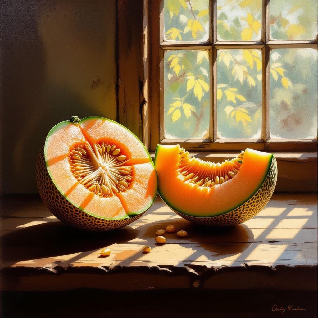 Ripe Cantaloupe on Rustic Table, Realistic Oil Painting
