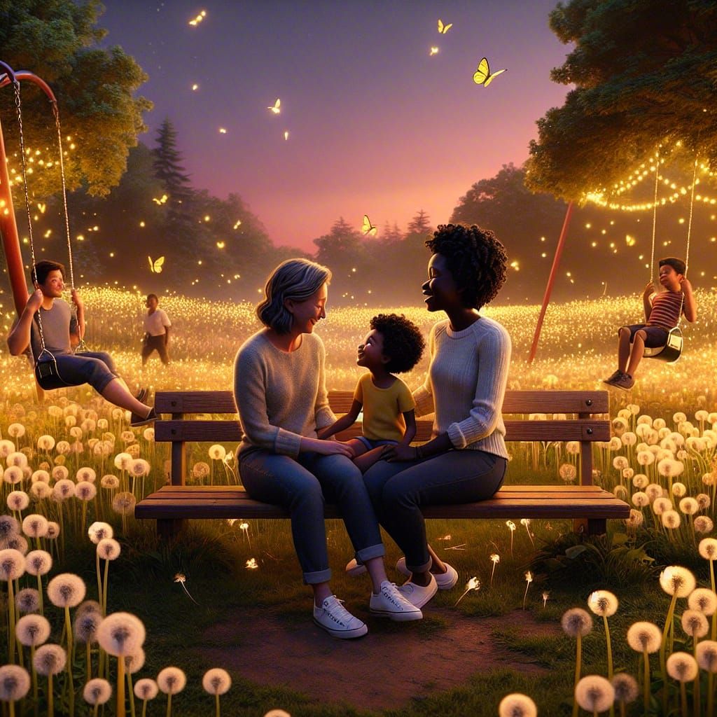 Mothers Watch Daughter Play in Dandelion Field