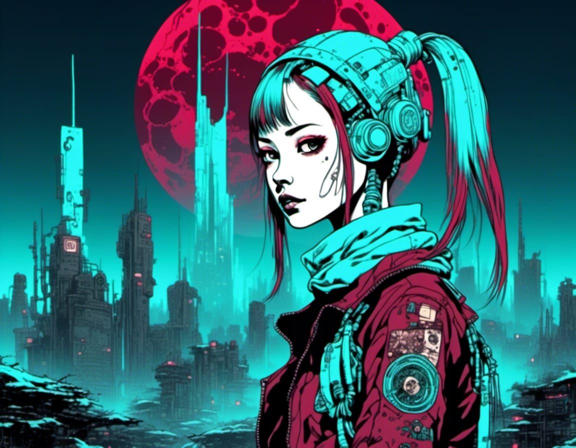 Cyberpunk Goddess of Fear in a Corroded Cityscape