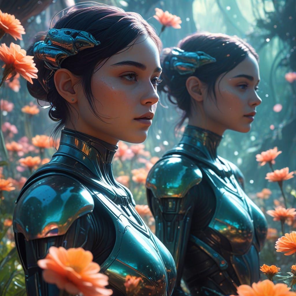 Girls in Alien Garden: Vibrant Sci-Fi Digital Art