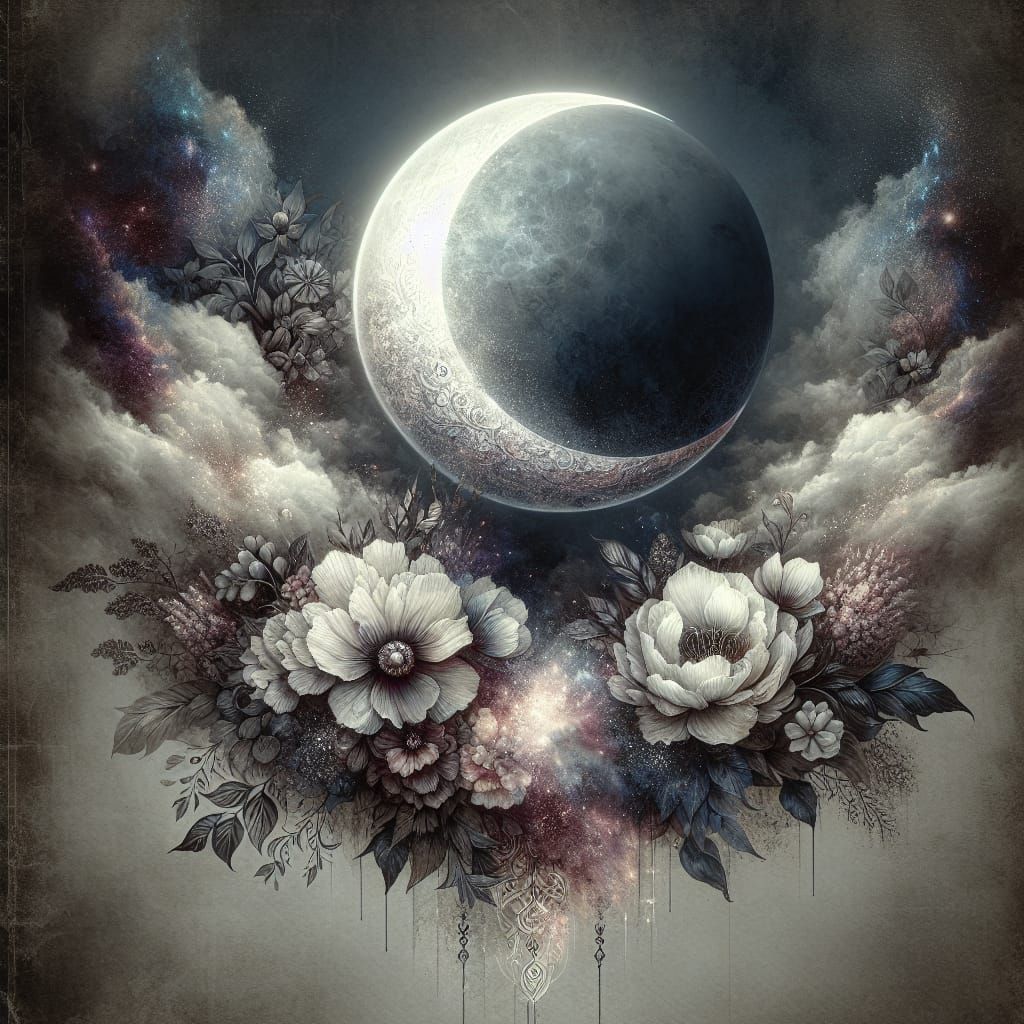 Ethereal Crescent Moon with Gothic Flowers in Watercolor