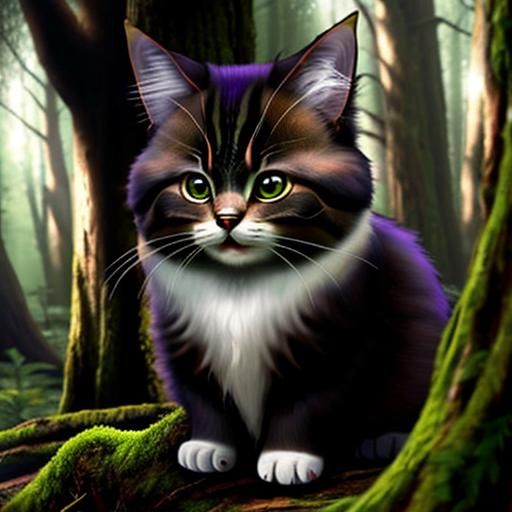 Fluffy Chibi Forest Cat with Big Eyes