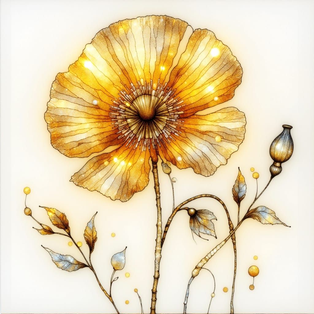 Metallic Golden Poppy Watercolor Painting