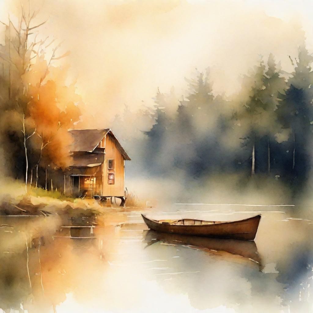 Impressionist Watercolor: Fishing Shack on Misty Lake