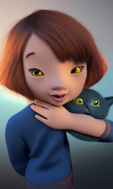 Girl Hugging Cat in Pixar Style 3D Art