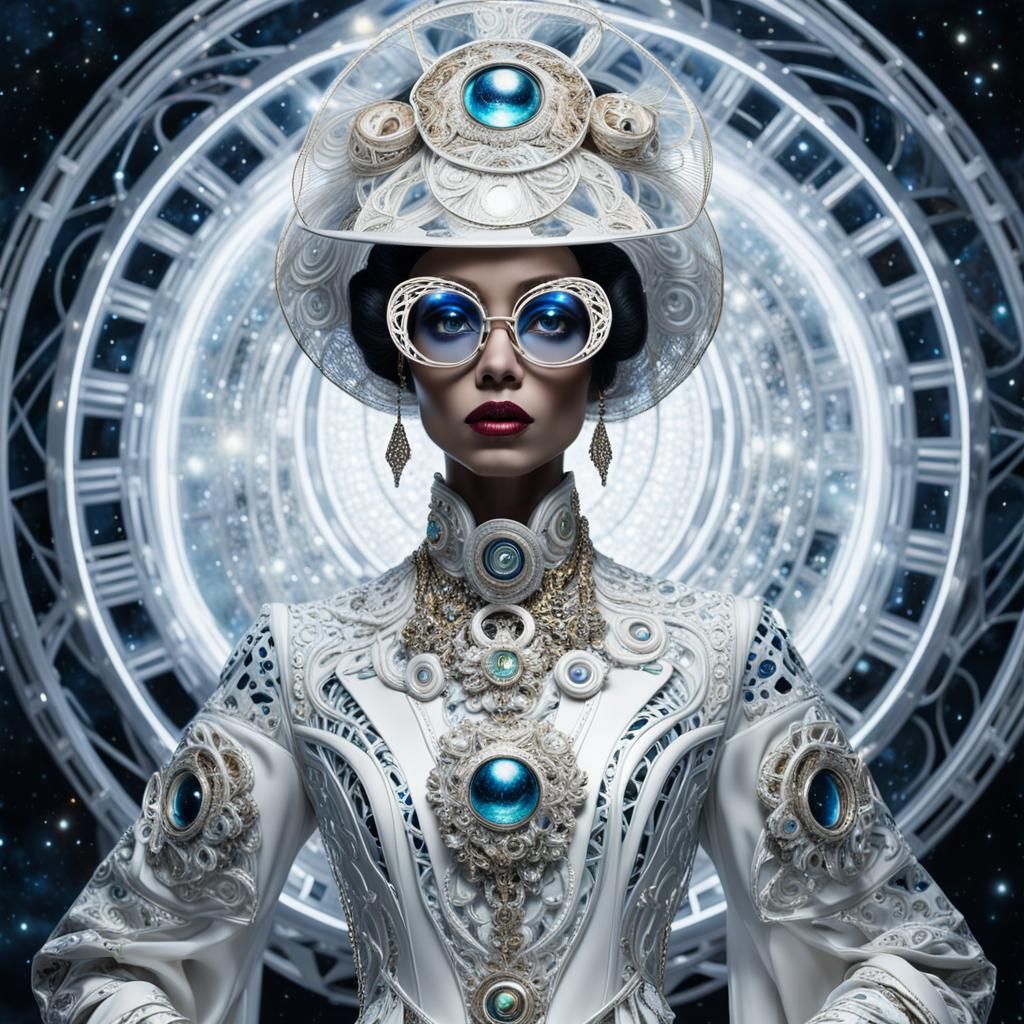 Ethereal Queen of the Cosmos in Retrofuturistic Splendor