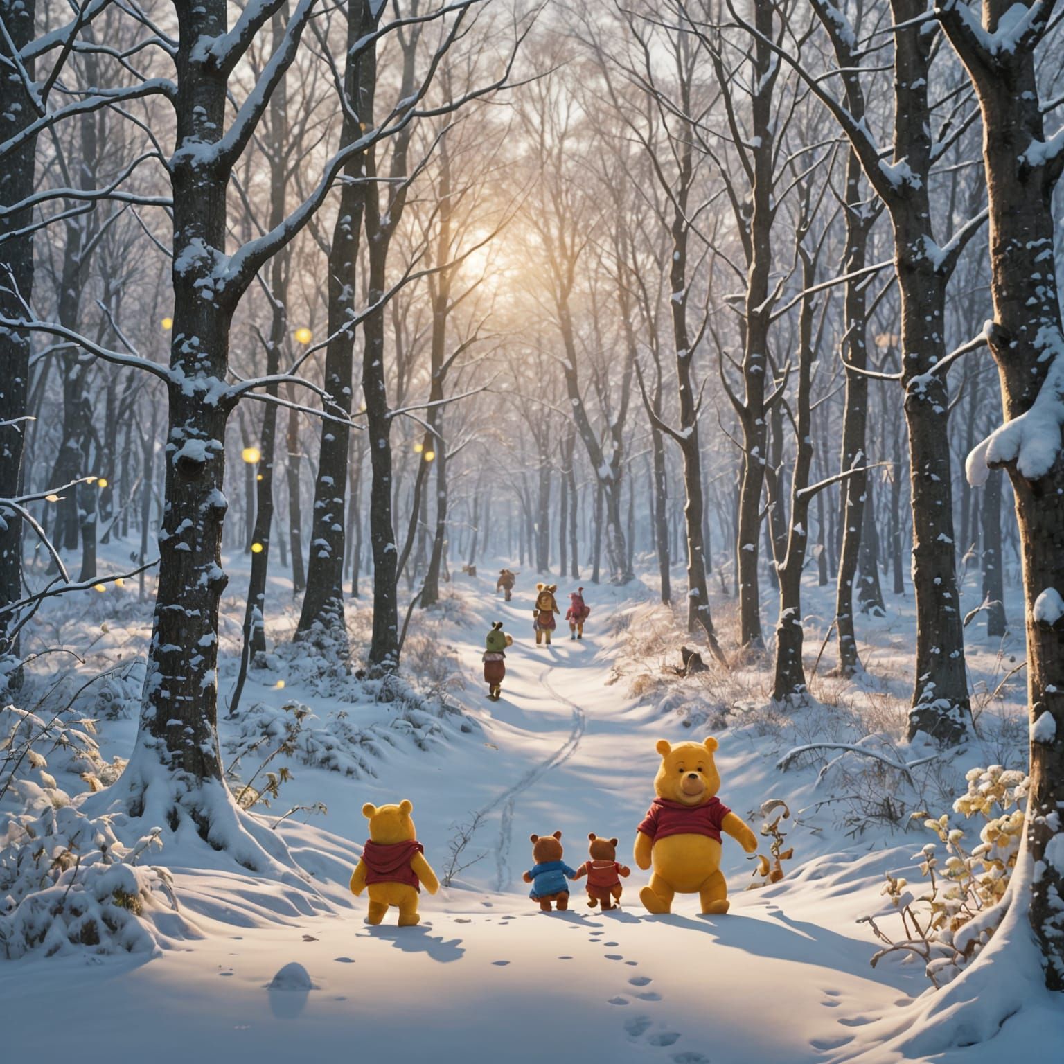 Winnie the Pooh and Friends in Snowy Woods