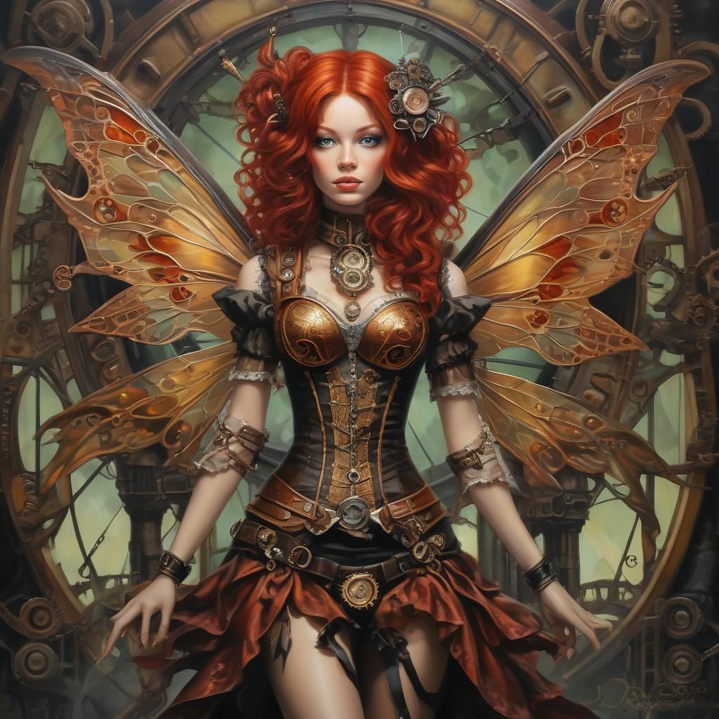 Steampunk Red-Haired Fairy in Oil Painting Style