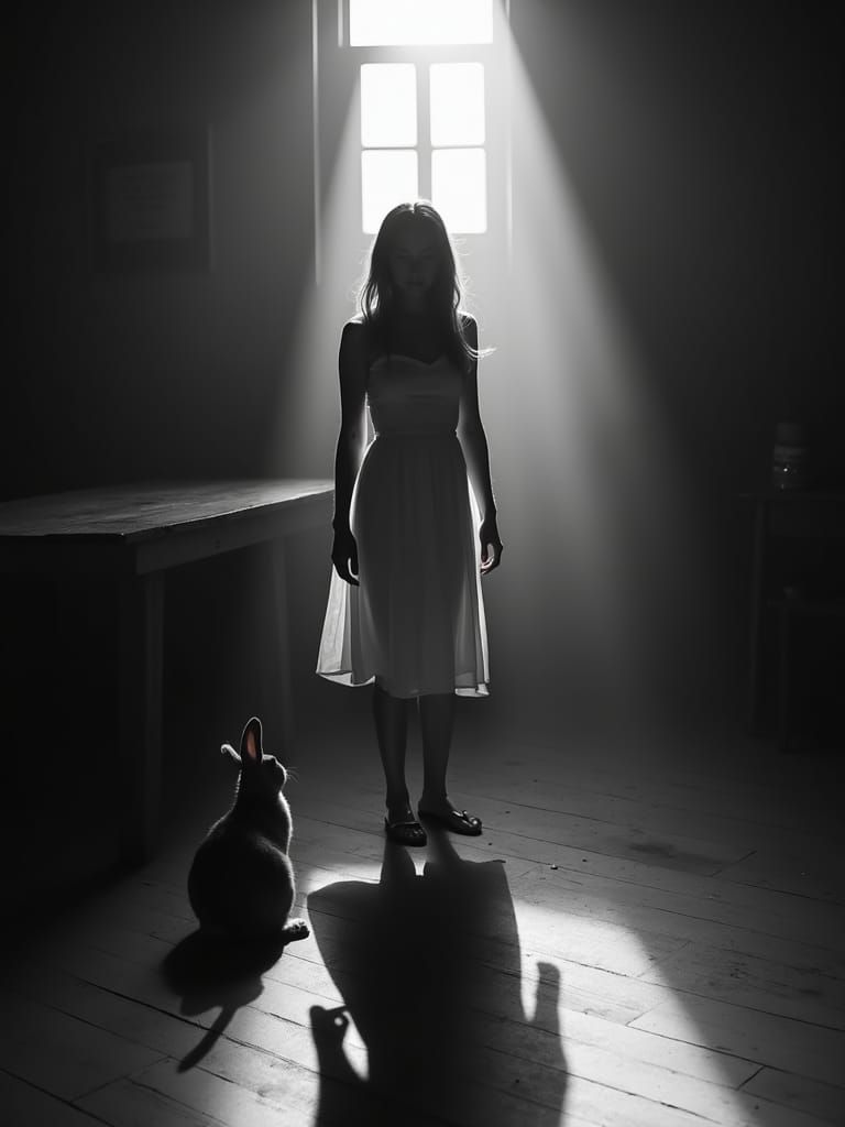 Mysterious Black and White Photo of Woman and Rabbit