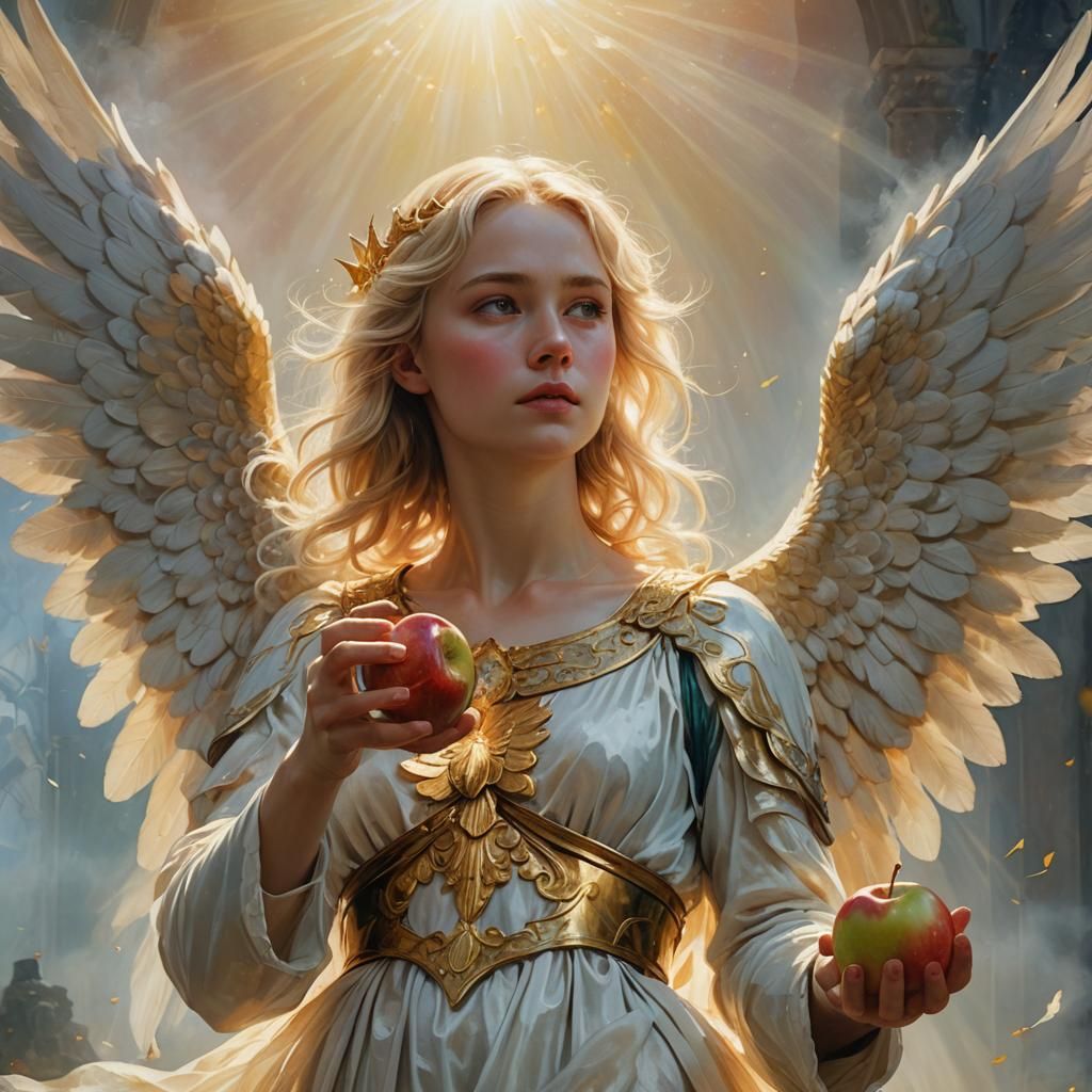 Blonde Angel Offers Apple in Vibrant Oil Painting