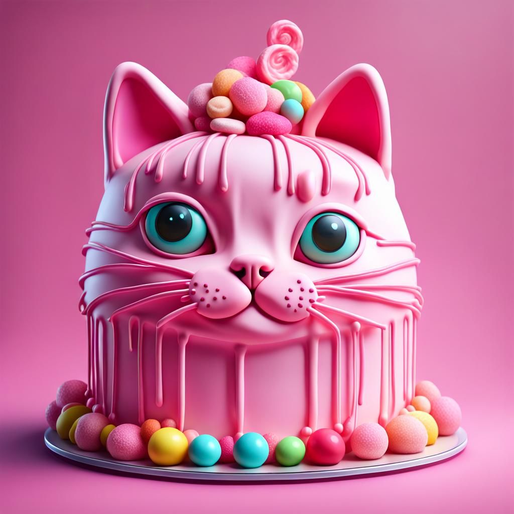 Soft Pink Cat Cake in Candy Art Style