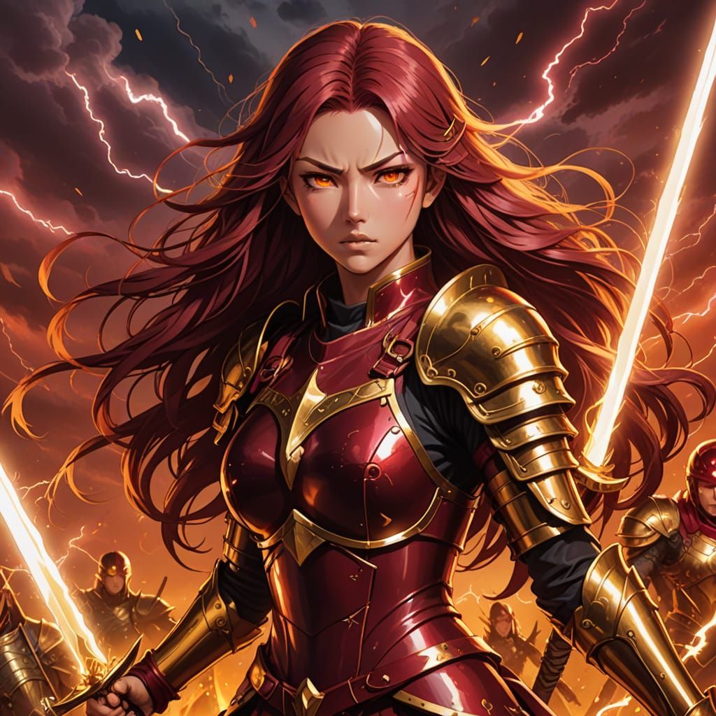 Anime Female Warriors with Red Lightning