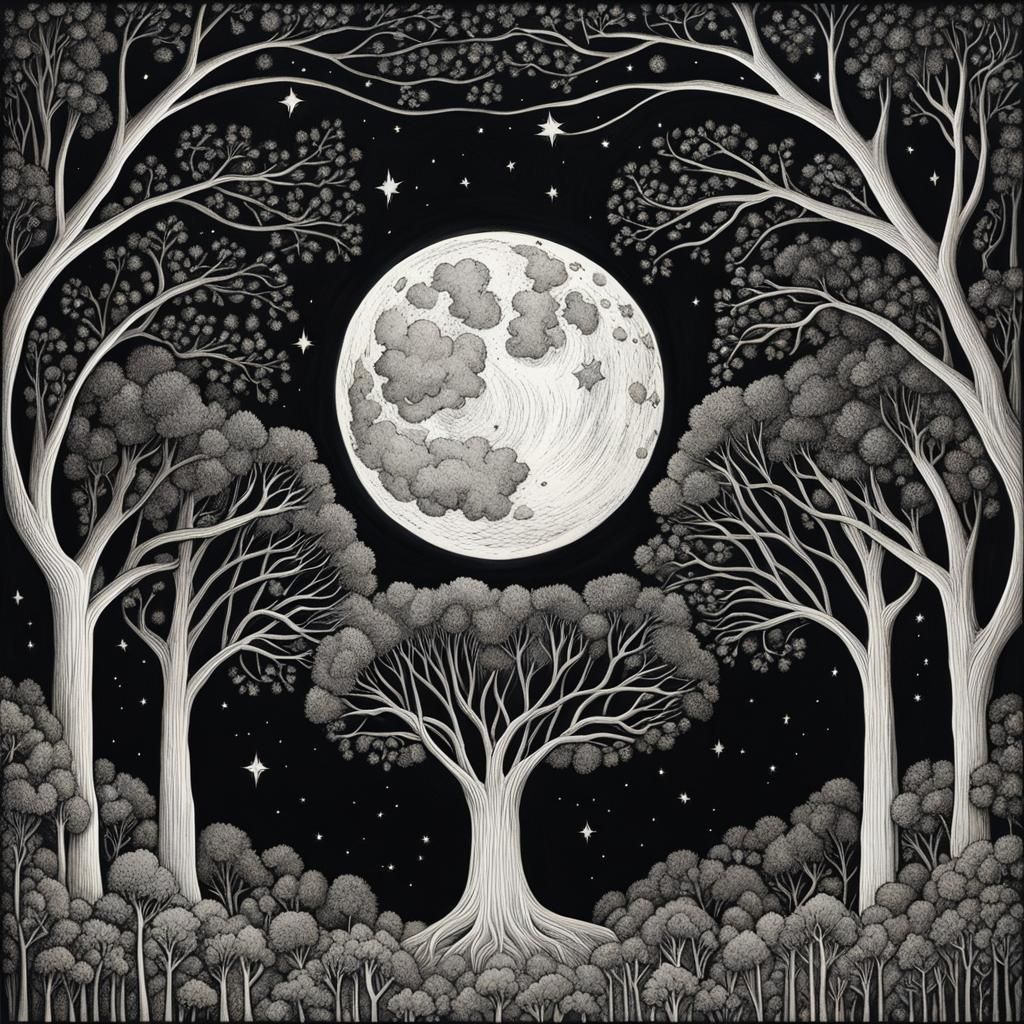 Detailed Ink Drawing of Moon in Starry Sky