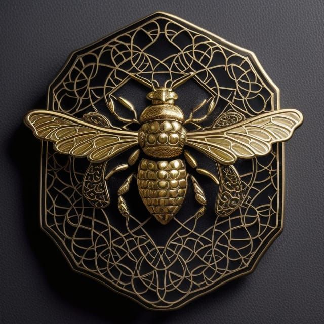 Ornate Bee Badge on Honeycomb in Hyperrealism