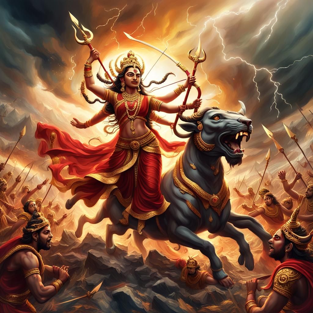 Durga and Mahishasura Clash: A Divine Battle Scene
