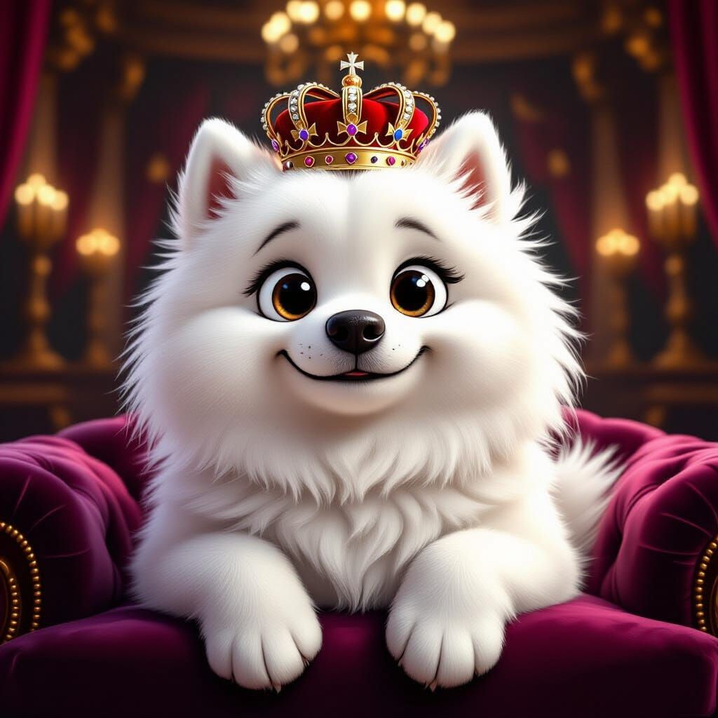 Fluffy Samoyed Dog in Regal Attire: Photorealistic Caricatur...
