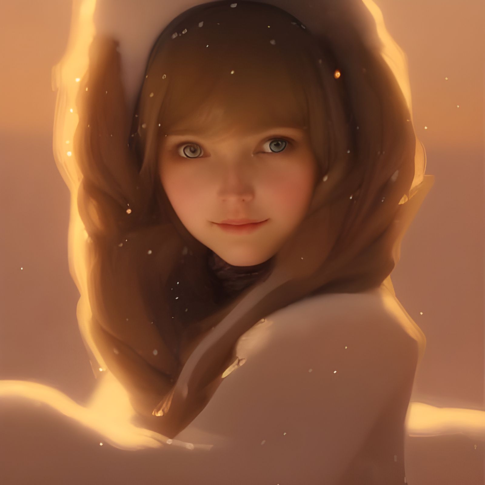 Girl Building Snowman in Snowy Landscape, Oil Painting