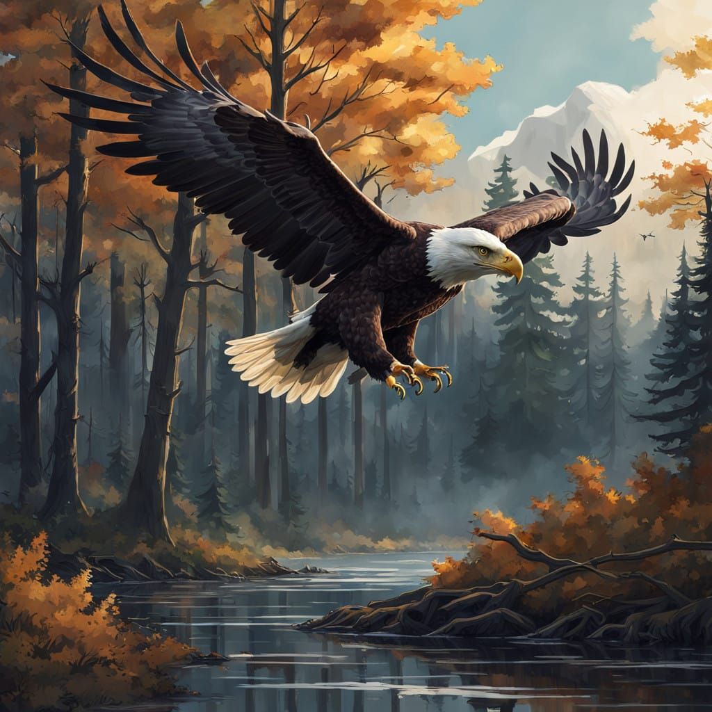 Eagle in Flight Above Vibrant Forest Landscape