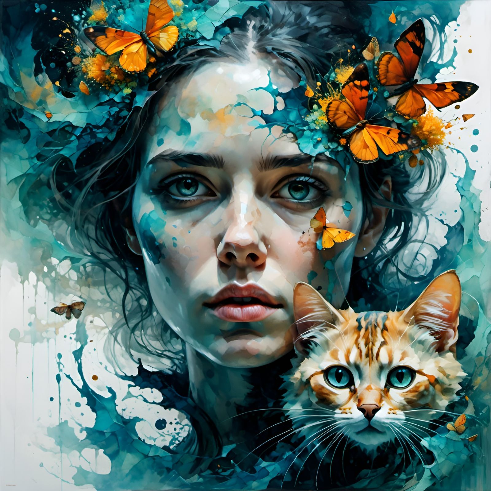 Hyperdetailed Lady with Cat in Mixed Artistic Styles