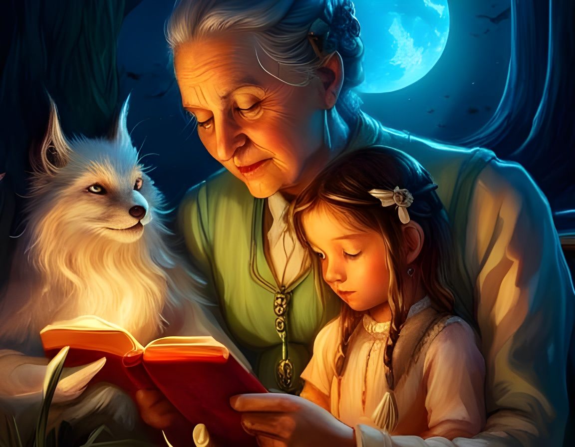 Grandmother Reading to Granddaughter in Fantasy View