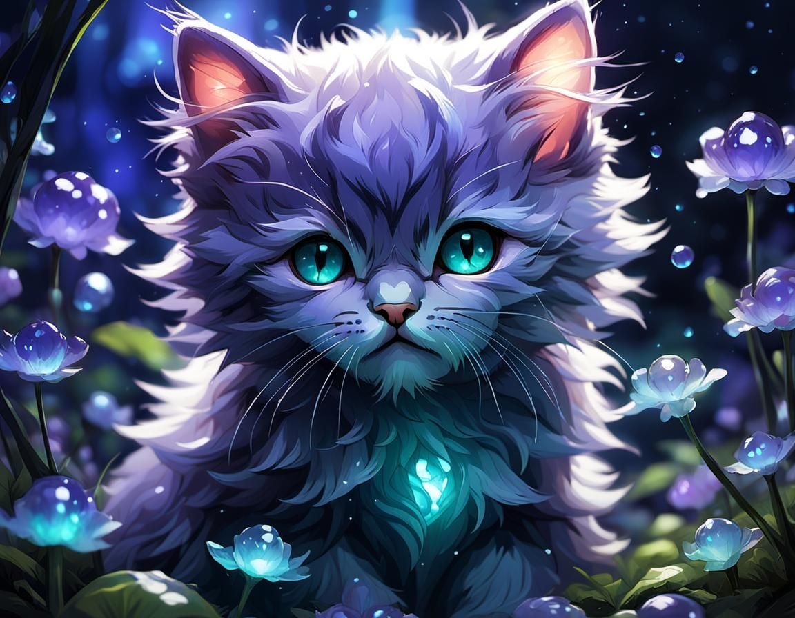 Chibi Kitten in Bioluminescent Garden, Digital Art