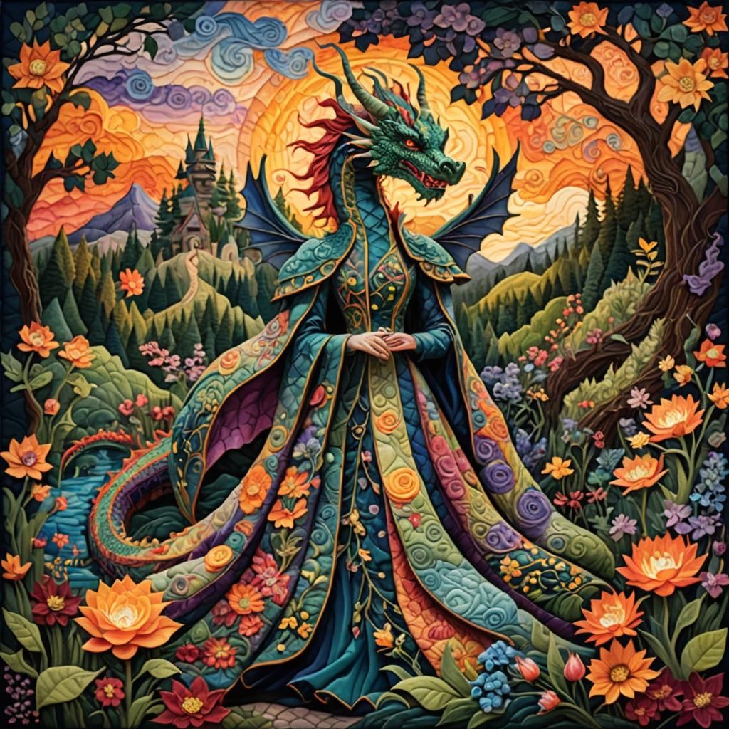 Quilted Forest Scene with Dragon, Art Nouveau Style