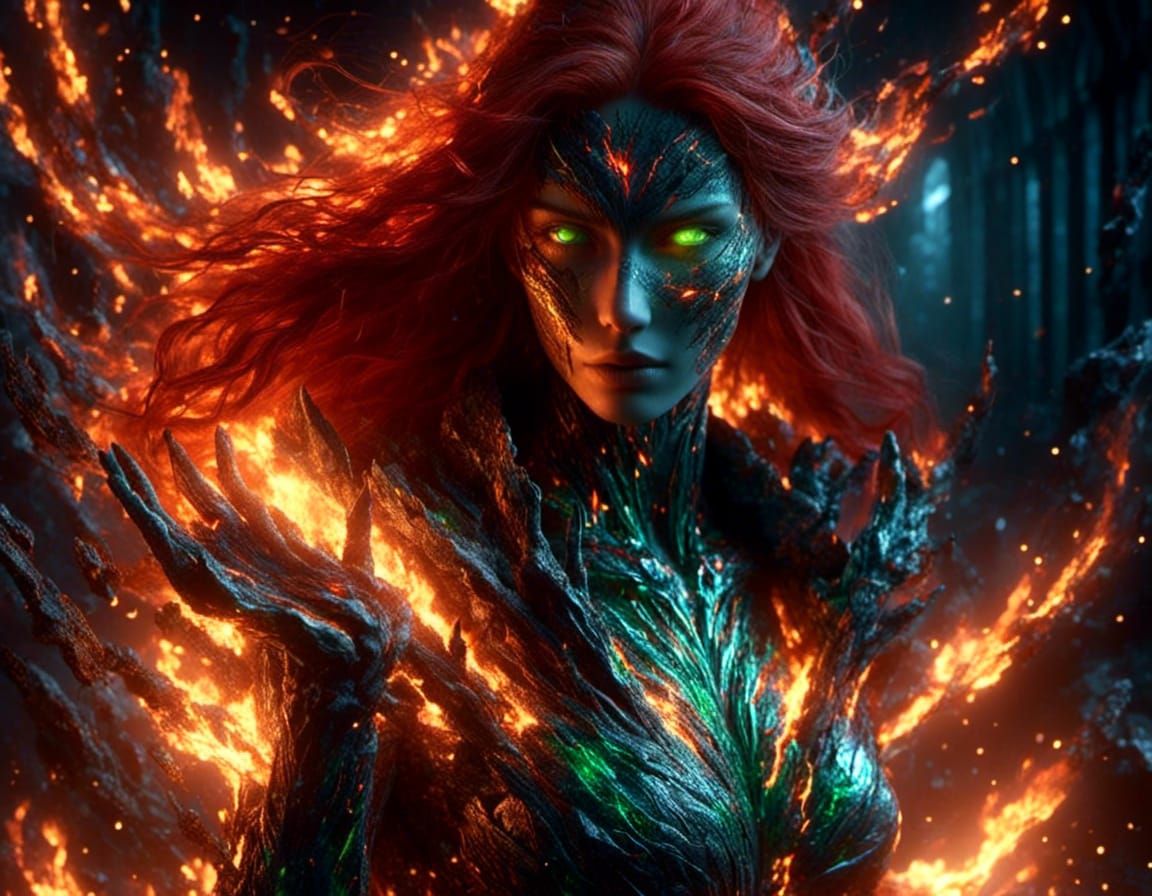 Fiery Supervillain with Red Hair and Green Eyes