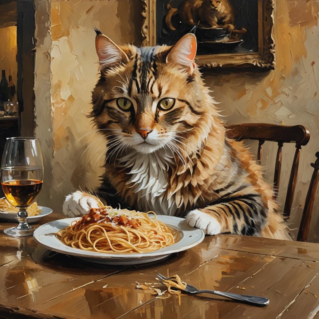 Impressionist Cat Eating Spaghetti Still Life