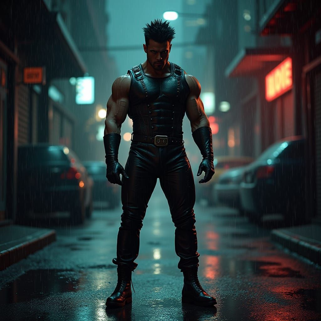 Gritty Noir: Man in Rain-Soaked Alleyway