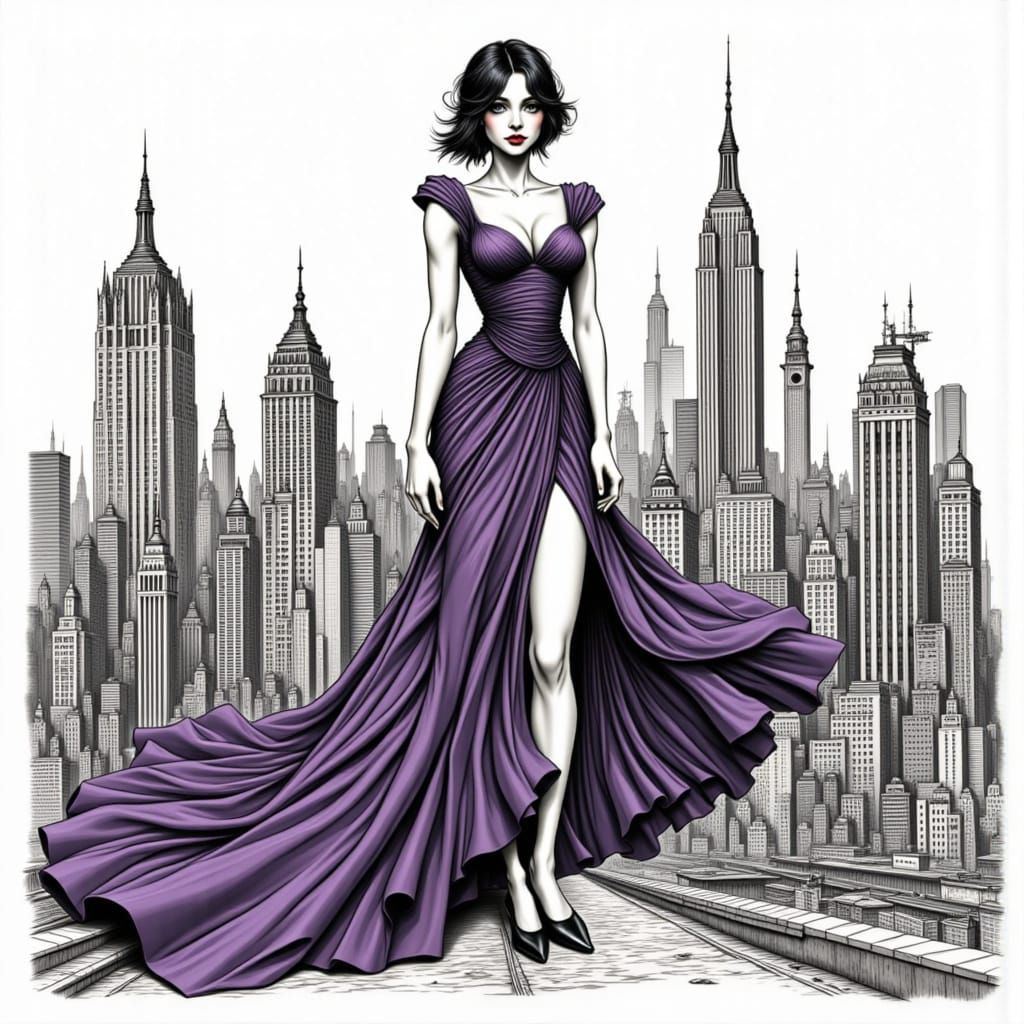 Elegant Woman in Cityscape with Lilac Splash