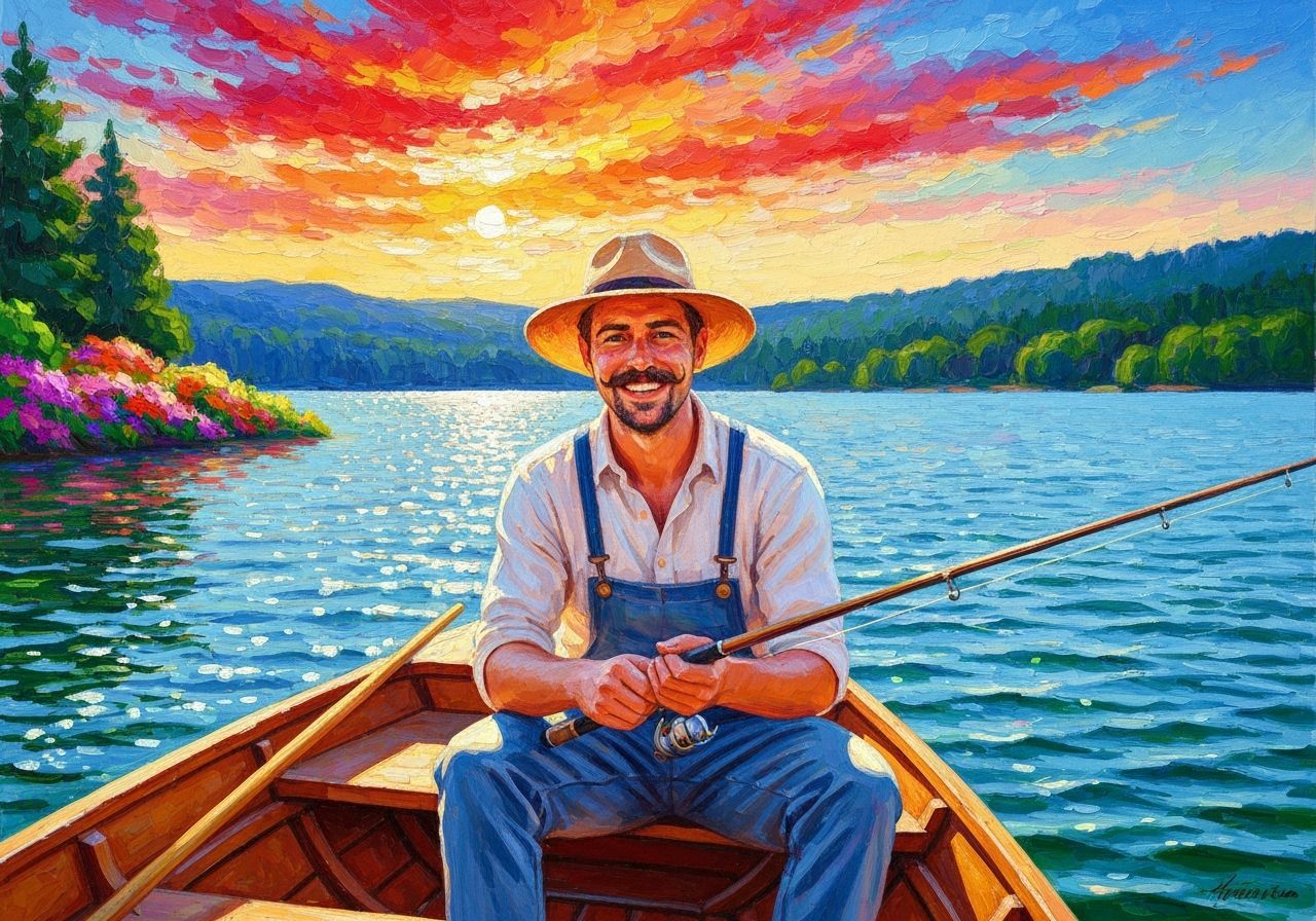 Man Fishing on Lake with Rainbow, Pointillism Style