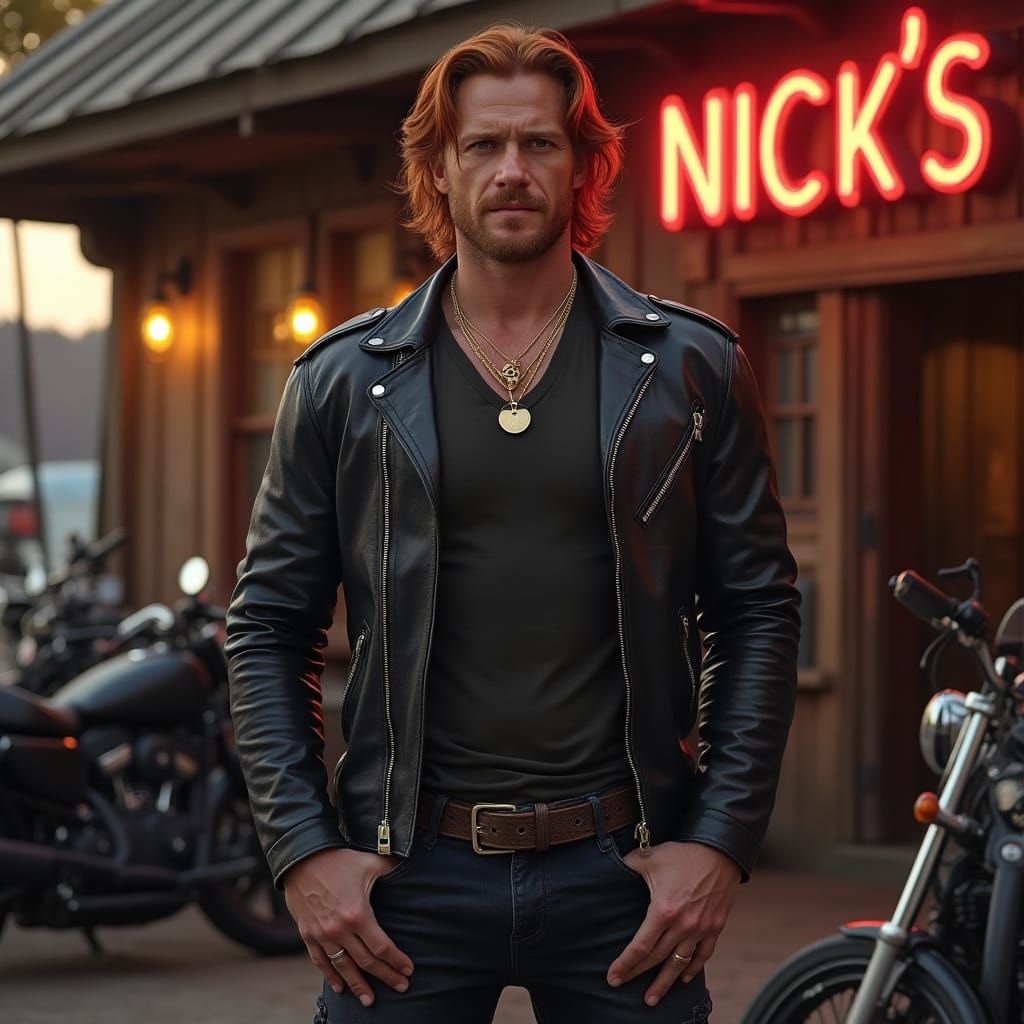 Hyper Realistic Photo of Muscular Redhead Man in Leather Jac...